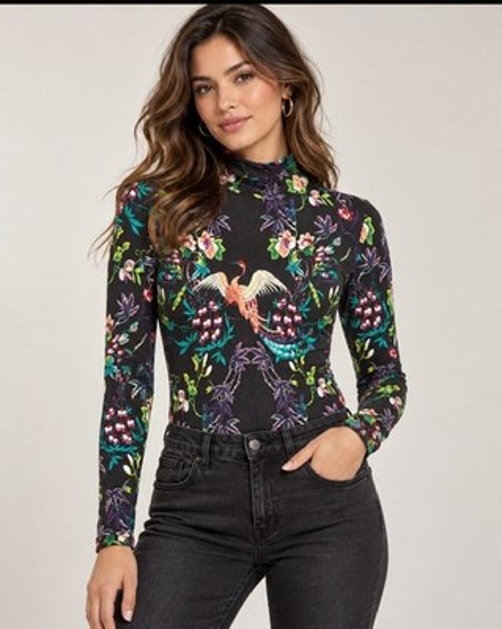 Philosophy Women’s Formfitting Mock Neck Long Sleeve Top S Birds Floral Stretch